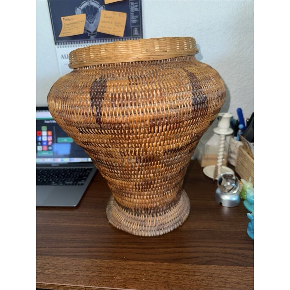 ANTIQUE HAND WOVEN 15.5” Tall Philippine COIL BASKET WITH LID African Tribal - Picture 11 of 12